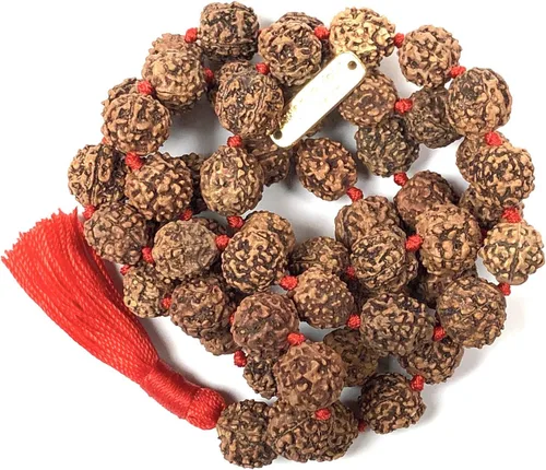 Vista 3 de Rudraksha Mala - Collar de cuentas Rudraksh Japa 5 Mukhi (5 caras) cuentas de oración anudadas a mano, tamaños de 0.236 in, 0.315 in, 0.394 in