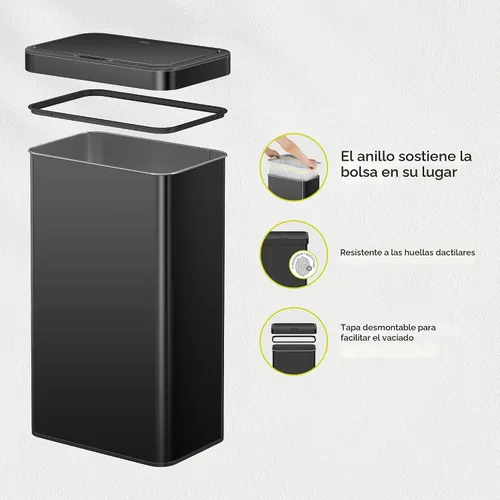 Vista 7 de EKO Nova - Papelera con sensor, 21 galones/80 litros, acero inoxidable, rectangular, sin contacto, con sensor de movimiento, negro mate