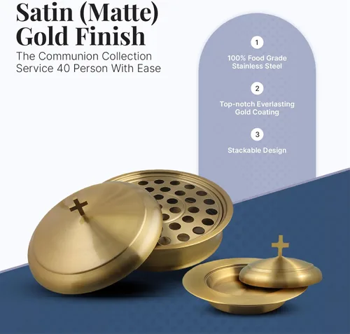 Vista 2 de Communion Ware - Bandeja para servir vino santo con tapa y un plato de pan apilable con tapa, acero inoxidable (latón/dorado)