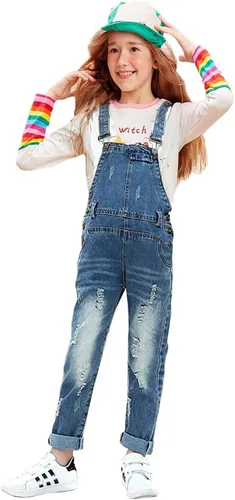 Vista 4 de ABALACOCO Overol de mezclilla para niñas y niños, con correa ajustable, rasgado, lindo, overol, pantalones, 6-13T