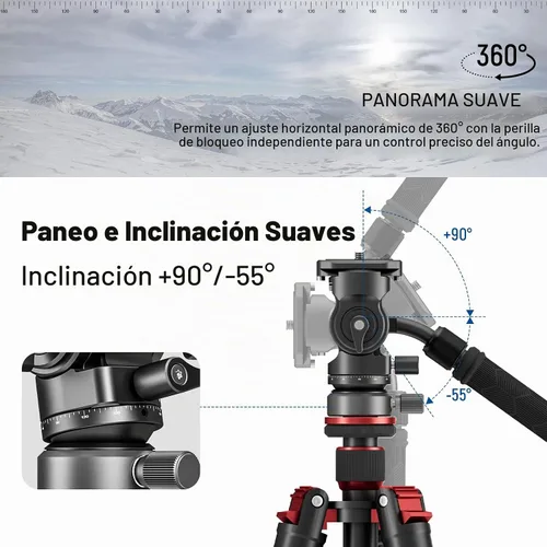 Vista 5 de NEEWER Trípode con cabeza fluida con base de nivelación +/-10° (37mm de diámetro), cabeza de pan y tilt de metal con placa QR tipo Arca, mango