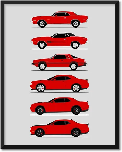 Vista 12 de Custom Car Posters Póster hecho a mano compatible con Dodge Challenger Generations e impresión de Challenger SRT, multicolor, impresión metálica