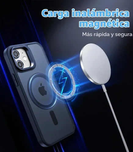 Vista 4 de Funda magnética para iPhone 11 con soporte, compatible con Magsafe, protección militar y protector de lente de cámara, funda translúcida mate, azul