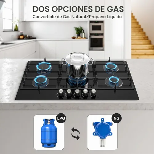 Vista 3 de Estufa de Gas de Propano de 36 Pulgadas, Estufa de Gas Empotrada de 5 Quemadores con Panel de Vidrio Templado, Placa de Cocina de Propano