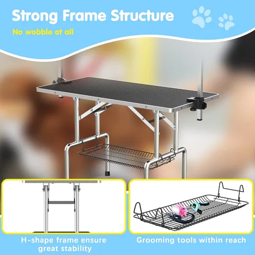 Vista 4 de Lyromix Mesa de Aseo para Perros Grande de 36'', Escritorio de Secado para Gatos Ajustable con Brazos, Lazos, Bandeja de Malla, Estación Plegable