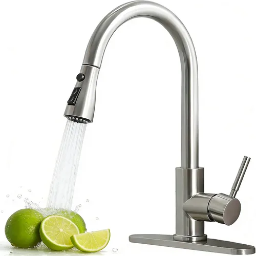 Vista 10 de Grifo de cocina de perfil bajo extraíble con rociador, grifo de fregadero de lavandería de acero inoxidable de una sola manija con níquel cepillado