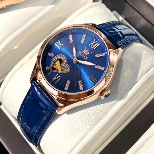 Vista 2 de OLEVS Reloj mecánico automático para mujer, correa de cuero, cuerda automática, reloj de pulsera para mujer, esfera de corazón de diamante