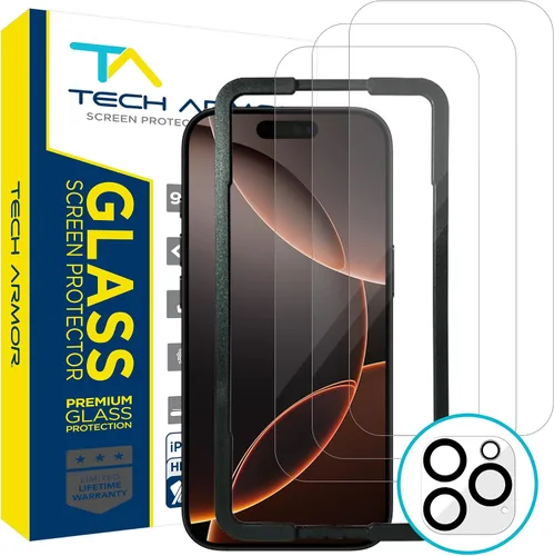 Vista 9 de Tech Armor - Protector de pantalla para iPhone 14 Pro 6.1, vidrio balístico, paquete de 3 9H tempered Hard, case-friendly fit, guided installation