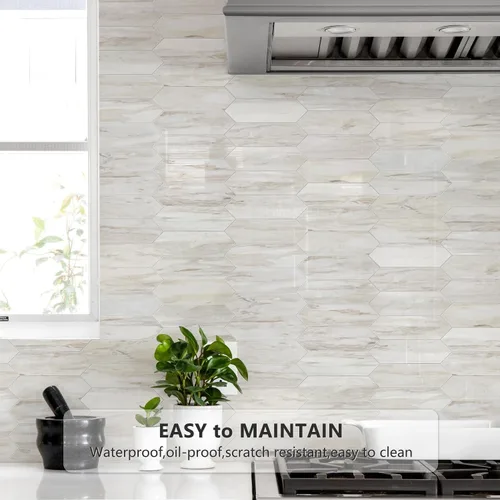 Vista 3 de Vamos Tile 1 hoja de azulejos brillantes con veta de mármol de madera para protector contra salpicaduras, despegar y pegar, azulejos de pared