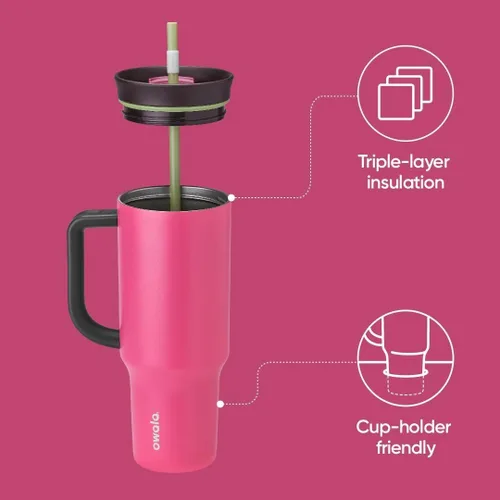 Vista 7 de Owala Vaso de viaje aislado de acero inoxidable de triple capa con tapa resistente a derrames, popote y asa de transporte, sin BPA, 40 onzas, rosa