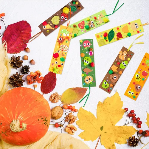Vista 6 de 32 juegos de marcadores de otoño DIY kit de manualidades de otoño en blanco con hojas de arce y ojos meneantes, calcomanías de espuma con pompones