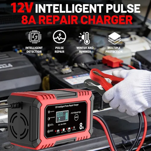 Vista 2 de Cargador de batería de coche 12V 8-Amp Smart Trickle Charger completamente automático Rojo