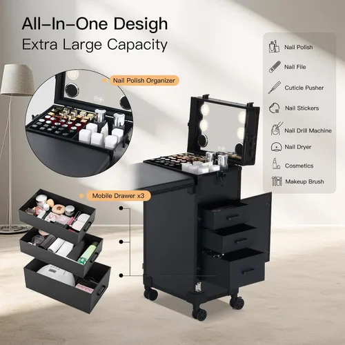 Vista 8 de Mesa de manicura portátil rodante con 3 cajones, estuche de maquillaje con cerradura con espejo y organizador de esmalte de uñas, escritorio de uñas