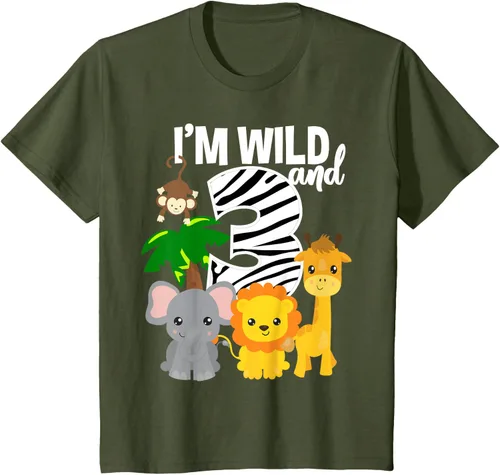 Vista 13 de Camiseta de cumpleaños con temática de zoológico de I'm Wild and 3, Negro, S