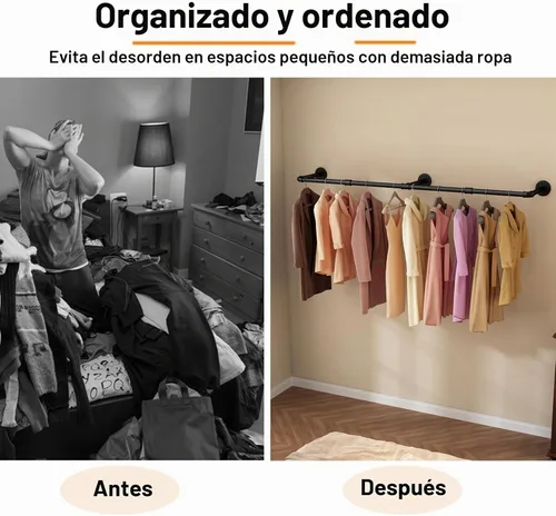 Vista 2 de Perchero de ropa montado en la pared de 60 pulgadas, estantes de ropa industriales de tubo para montar en la pared, barra de ropa desmontable