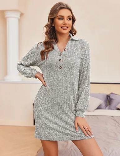 Vista 2 de Ekouaer Women's Nightgown Long Sleeve Ribbed Knit Sleep Shirts V Neck Sleepwear Button Notch Collar Nightshirt