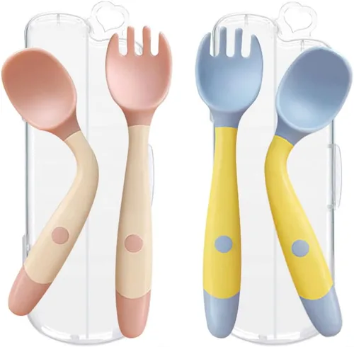 Vista 11 de Utensilios para niños pequeños con estuche de viaje, cuchara y tenedor para el aprendizaje de autoalimentación, cubiertos con mango flexible