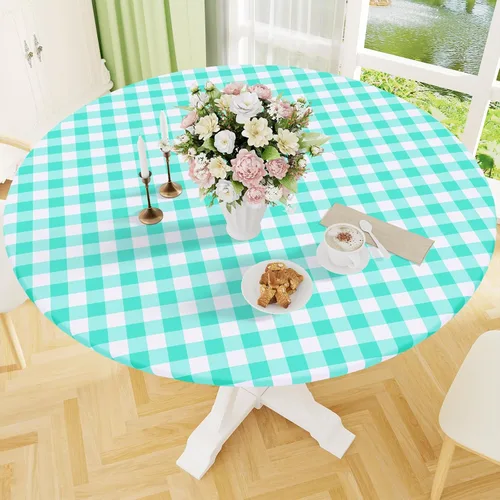 Vista 29 de Smiry - Mantel redondo de picnic de vinilo elástico impermeable con respaldo de franela, mantel de vinilo ajustable para mesas de 31-35 pulgadas