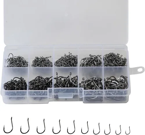 Vista 6 de 300pcs pequeños anzuelos de pesca negro alto carbono ganchos de pesca Set 6 tamaños con una caja de plástico