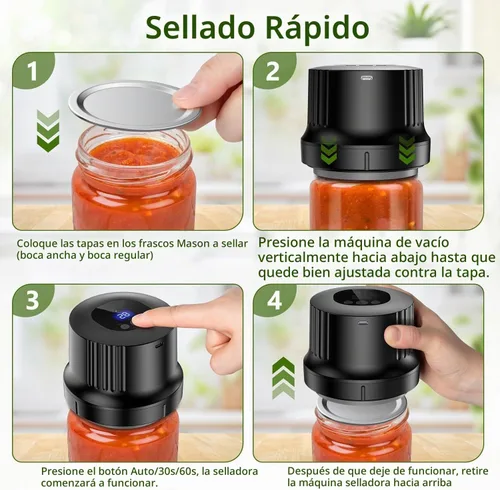 Vista 4 de Kit de sellador al vacío para tarros de masón, sellador automático de Trabaja con boca ancha+regular