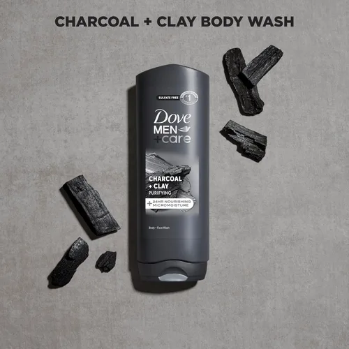 Vista 3 de DOVE MEN + CARE Body and Face Wash 4 unidades de carbón purificador + gel de baño de arcilla para hombres con tecnología de microhumedad nutritiva