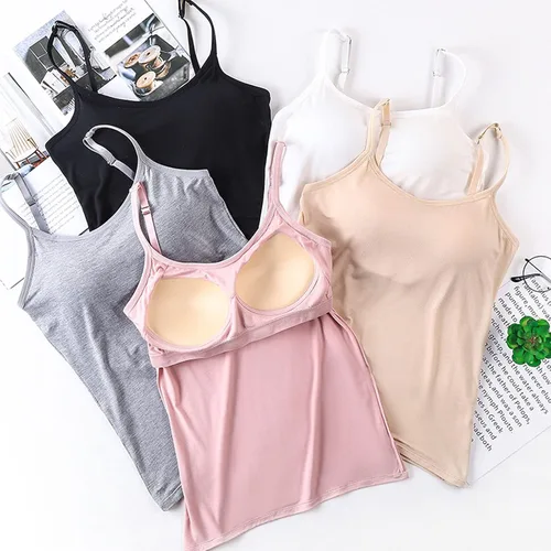 Vista 5 de Camisolas ajustables para mujer con brasier integrado, camiseta sin mangas de algodón elástico, tirantes delgados, cuello redondo