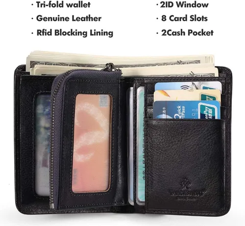 Vista 15 de Billetera para hombre con cremallera de cuero genuino RFID tarjeteros de piel de vaca con cremallera bolsillo para monedas, carteras plegables