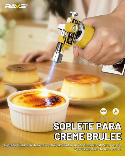 Vista 4 de RAVS Encendedor de butano con 2 modos de llama, soplete de cocina recargable con llama ajustable y hebilla de seguridad, antorcha de joyería Amarillo