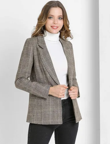Vista 4 de Allegra K Chaqueta tipo blazer de pata de gallo con solapa y muescas a cuadros para mujer