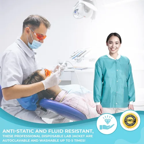 Vista 7 de Paquete de 10 chaquetas desechables de laboratorio, chaqueta médica reutilizable hasta la cadera, unisex, con puños de punto y bolsillos