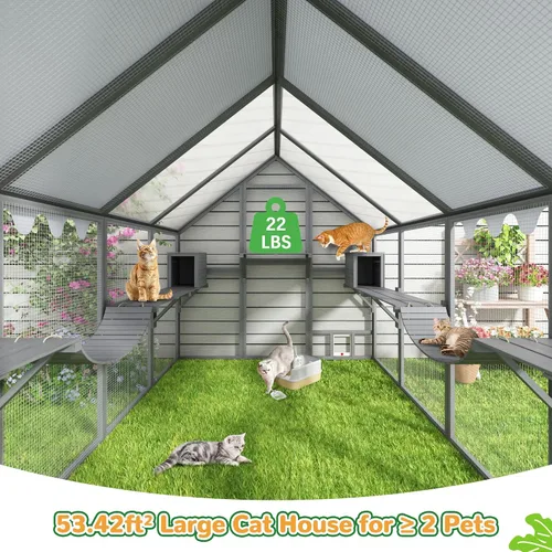 Vista 2 de COZIWOW Catio - Recinto grande de 110 pulgadas para gatos al aire libre, 53.5 pies ² de madera para múltiples mascotas con techo totalmente
