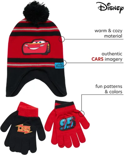 Vista 2 de Disney Cars Lightning McQueen - Gorro de invierno, 2 pares de mitones o guantes (niños pequeños)