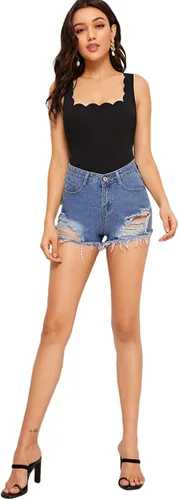 Vista 5 de SweatyRocks Camiseta sin mangas con cuello cuadrado y ribete festoneado para mujer