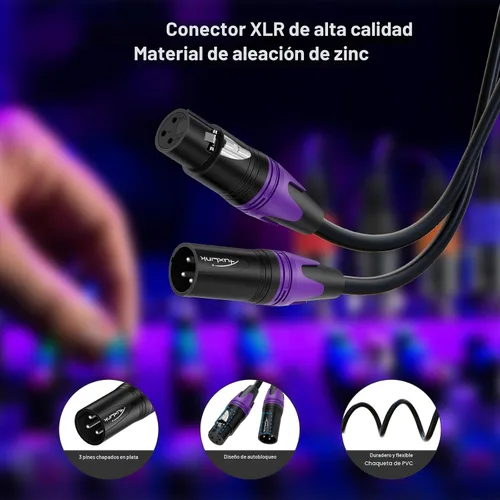Vista 4 de 25 pies de cable de micrófono XLR 2Pack - 3 pines macho a hembra bañados en oro, compatible con micrófonos, sistemas de altavoces, iluminación