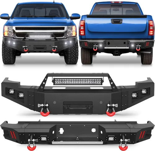 Vista 9 de Silverado Parachoques trasero para Chevy Silverado/GMC Sierra 1500 2007-2013 Negro texturizado con anillos en D, luces LED, orificios