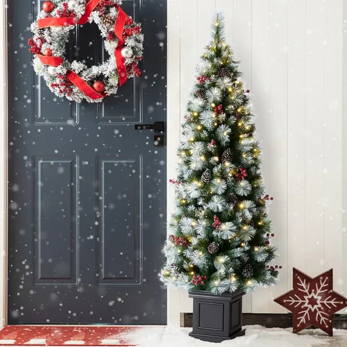 Vista 12 de Glitzhome - Árbol de Navidad artificial delgado preiluminado de 2.4 m, con ramas de pino Aspen Frostfall, soporte plegable de metal, 500 luces Aspen