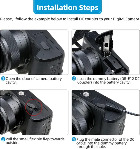 Vista 4 de Glorich ACK-E12 Adaptador de corriente de CA DR-E12 Acoplador DC LP-E12 LPE12 Kit de batería ficticia para cámaras digitales sin espejo Canon EOS