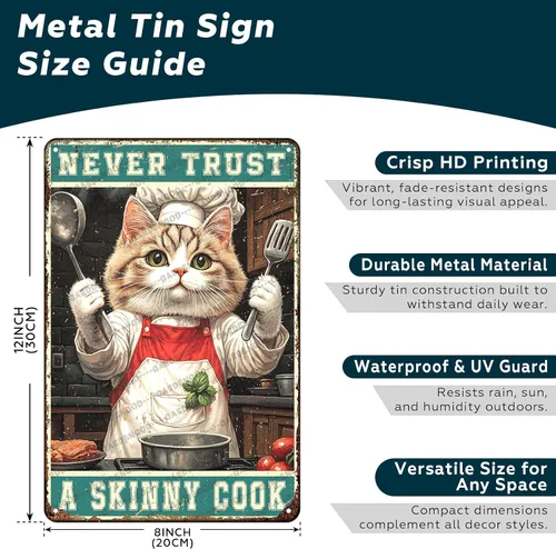 Vista 2 de Cartel de metal divertido vintage con diseño de gato de cocina con texto en inglés «Cat Never Trust A Skinny Cook», póster de metal para el hogar