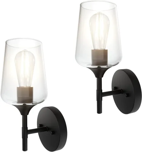 Vista 3 de Ralbay Juego de 2 apliques de pared negros mate para baño, pantalla de vidrio transparente, apliques negros para decoración del hogar, baño, cocina