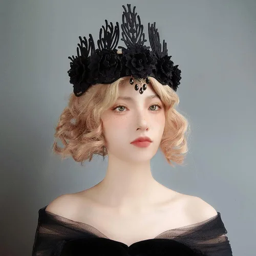 Vista 3 de Lolita gótica oscura de Halloween, estilo vintage, encaje negro barroco, Queen, diadema para el cabello para Halloween, Navidad, fiesta de máscaras