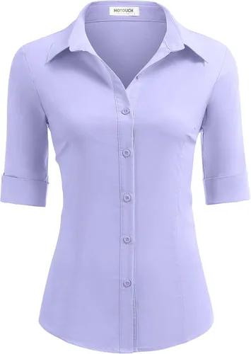 Vista 7 de HOTOUCH Camisas básicas con botones para mujer, manga 3/4, elásticas, con botones, camisa de vestir ajustada para camarera