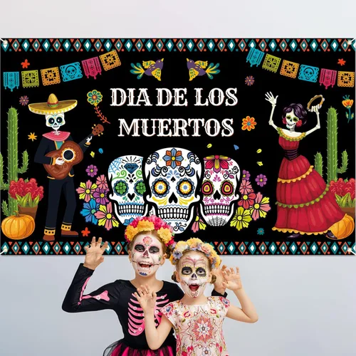 Vista 4 de Decoraciones del Día de los Muertos, telón de fondo de pancarta del día de los muertos, fondo de fotografía de flores de calavera de azúcar