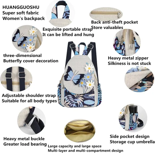 Vista 52 de HUANGGUOSHU Mochila de algodón tejida de algodón bohemio con bordado de lona estilo bohemio con múltiples bolsillos retro linda mochila cartera