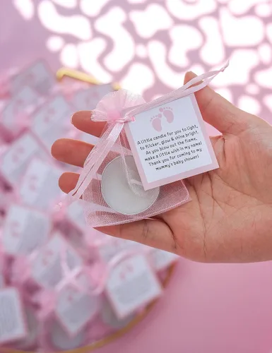 Vista 7 de Juego de 50 velas de té para recuerdos de fiesta de baby shower, recuerdos de bautizo para invitados, recuerdos de revelación de género de niña, Rosa