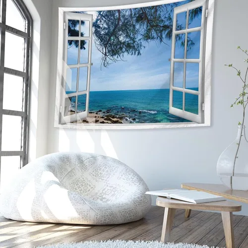 Vista 3 de Tapiz azul para ventana de playa y océano para colgar en la pared, árbol costero, paisajes naturales, arte lindo y pequeño tapiz estético