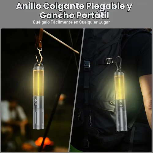 Vista 8 de Linterna LED para campamento, hasta 350 horas de luz de campamento recargable, 4 modos de linterna al aire libre con luz roja, resistente al agua