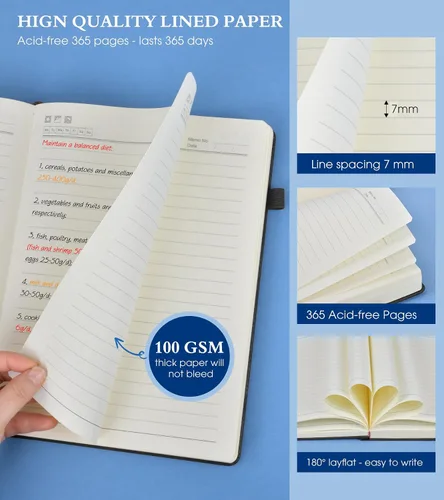 Vista 6 de PERCUN Cuaderno rayado A4, 365 páginas de gran tamaño, cuadernos de cuero para escribir para mujeres y hombres, cuaderno de tapa dura con páginas
