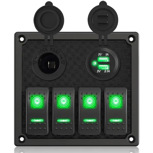 Vista 17 de Panel de interruptores de barco marino de 5 posiciones con cargador USB dual y voltímetro, panel de interruptores basculantes de aluminio