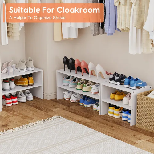 Vista 9 de Organizador de zapatos blanco expandible de 2 niveles para armario, estante de almacenamiento apilable para zapatos, estantes pequeños de zapatos