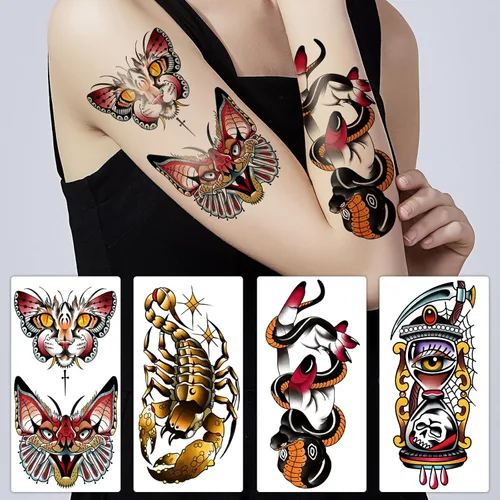 Vista 2 de Yazhiji 77 hojas de tatuajes falsos impermeables para hombres o mujeres, 17 hojas más grandes, mitad brazo, búho, peonía, mariposa, serpiente